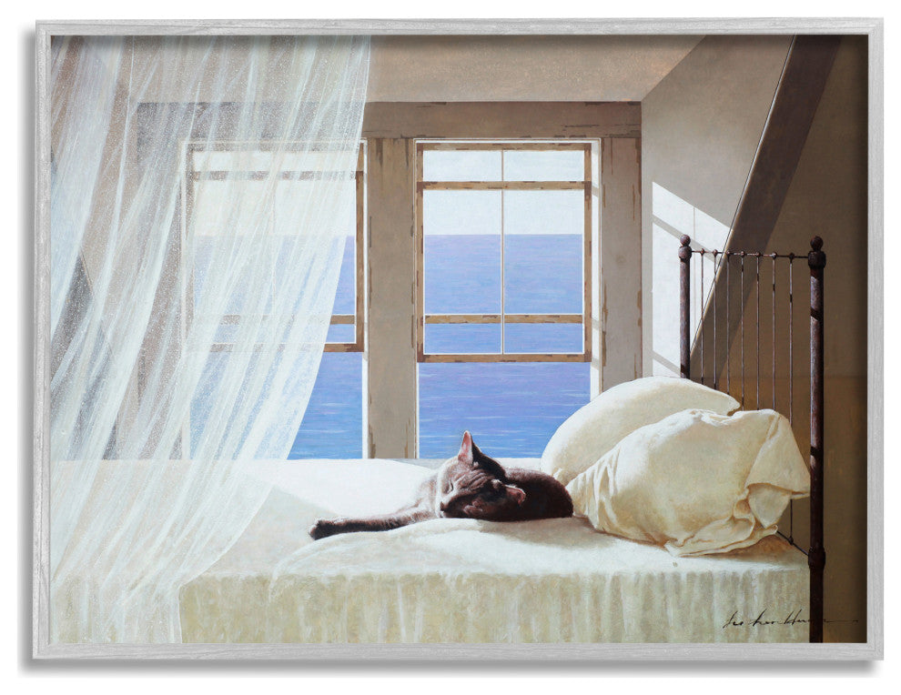 Cat Resting on White Oceanside Bed Nautical Painting, 30 x 24