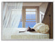 Cat Resting on White Oceanside Bed Nautical Painting, 30 x 24
