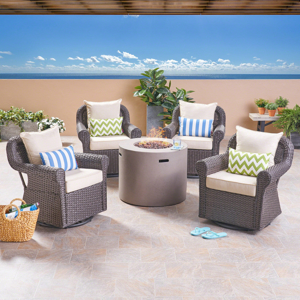 GDF Studio 4-Piece Harding Club Chair set with Fire Pit, Dark Brown& Light Gray