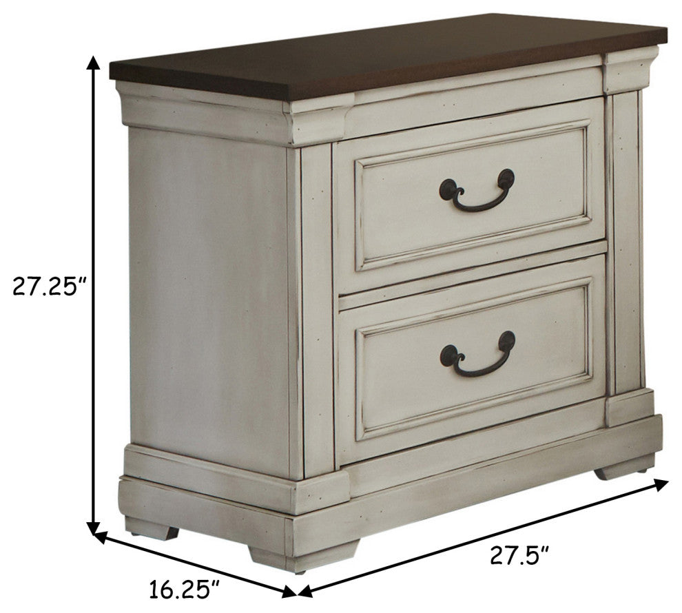 Benzara BM280352 Ivy 28" Nightstand, 2 Drawers, USB Ports, Wood, Brown, White