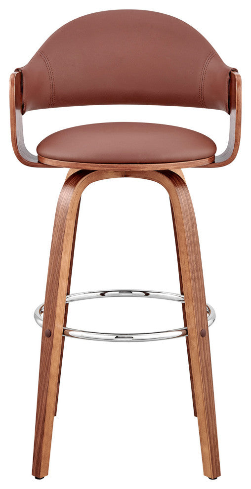 30" Rich Brown Faux Leather Walnut Wood Bar Stool