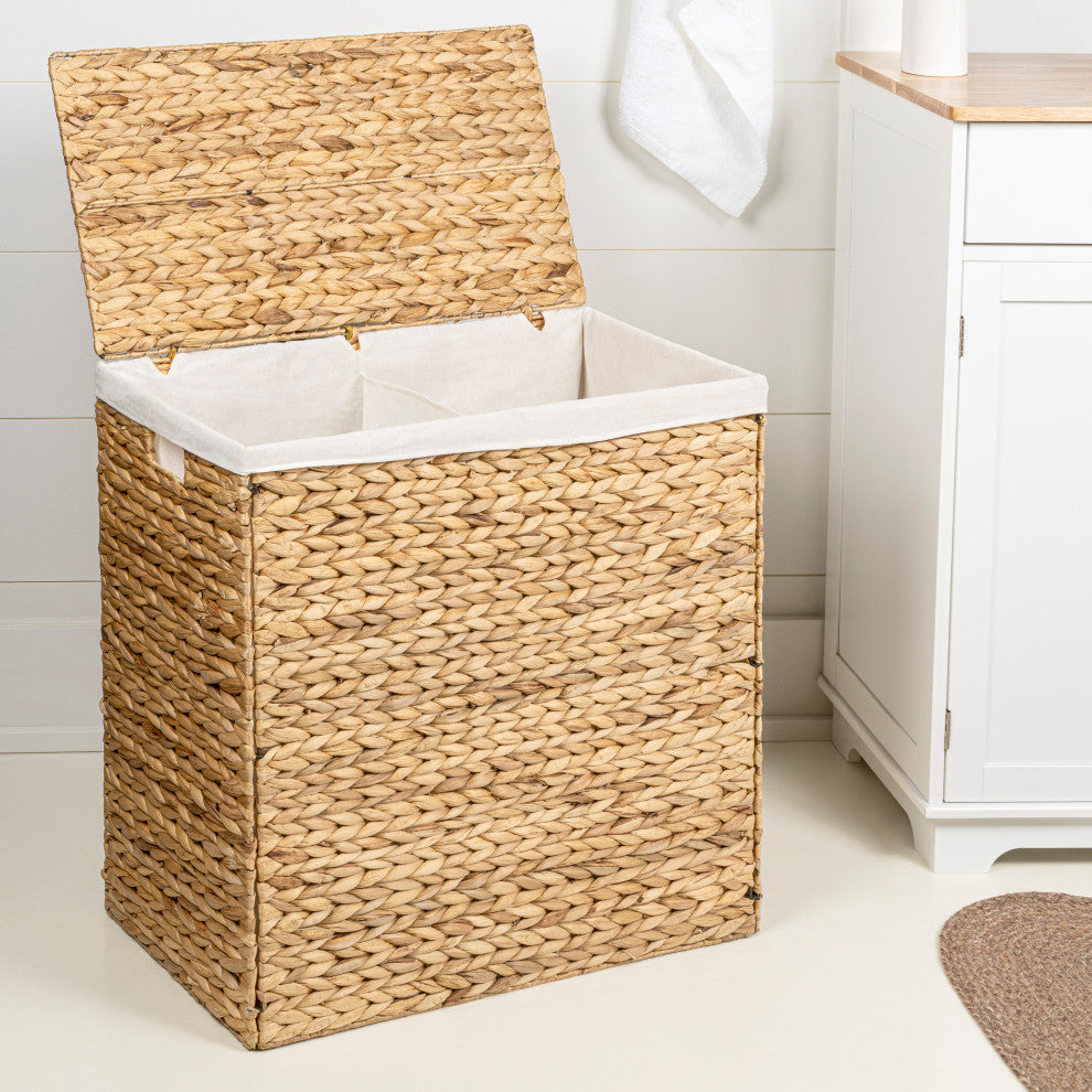 Sawyer Handwoven Hyacinth 2-Section Collapsible Laundry Hamper, Washable Liner