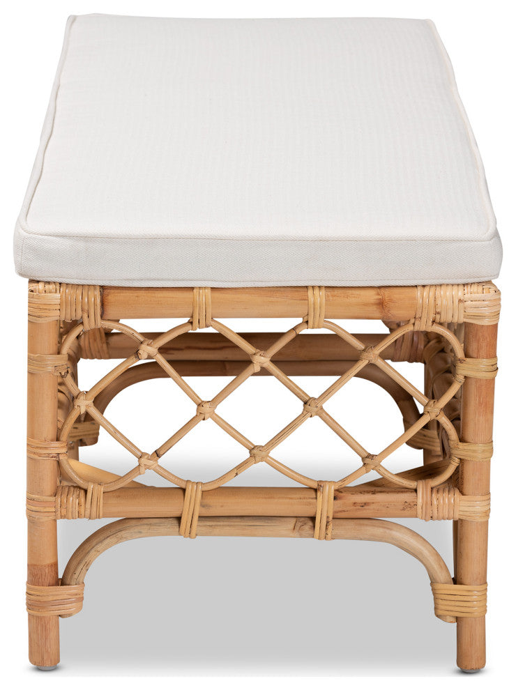 Steele Modern Bohemian Rattan Collection, White/Natural Brown, Bench