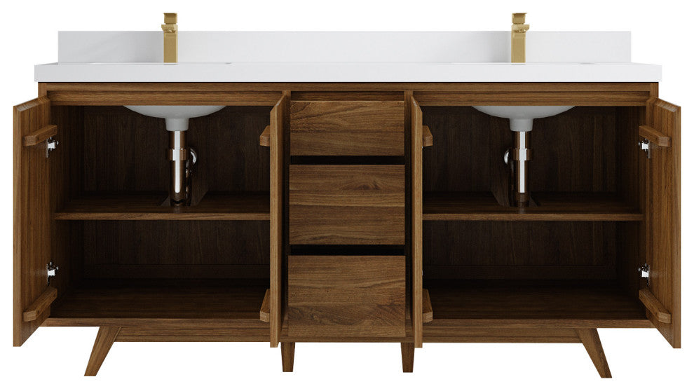 Madison Teak 72 Double Sink Bath Vanity in Dark Natural 2" White Quartz
