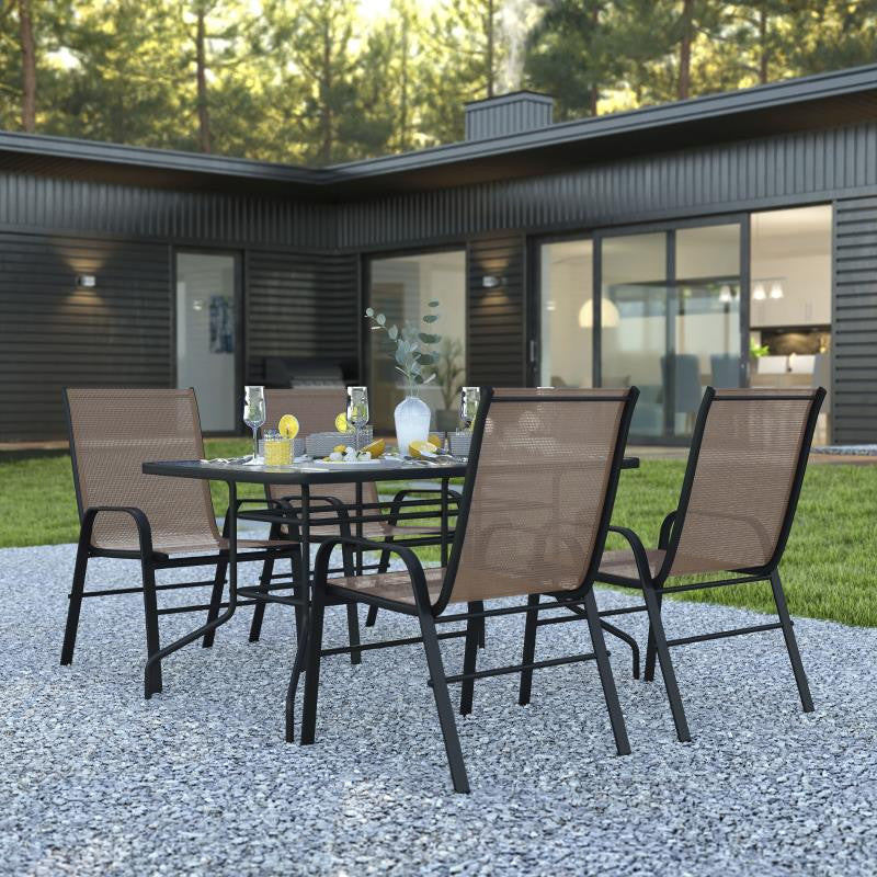 Brazos 5 Pc Outdoor Dining Set - 55" Tempered Glass Patio Table, 4 Stack Chairs,
