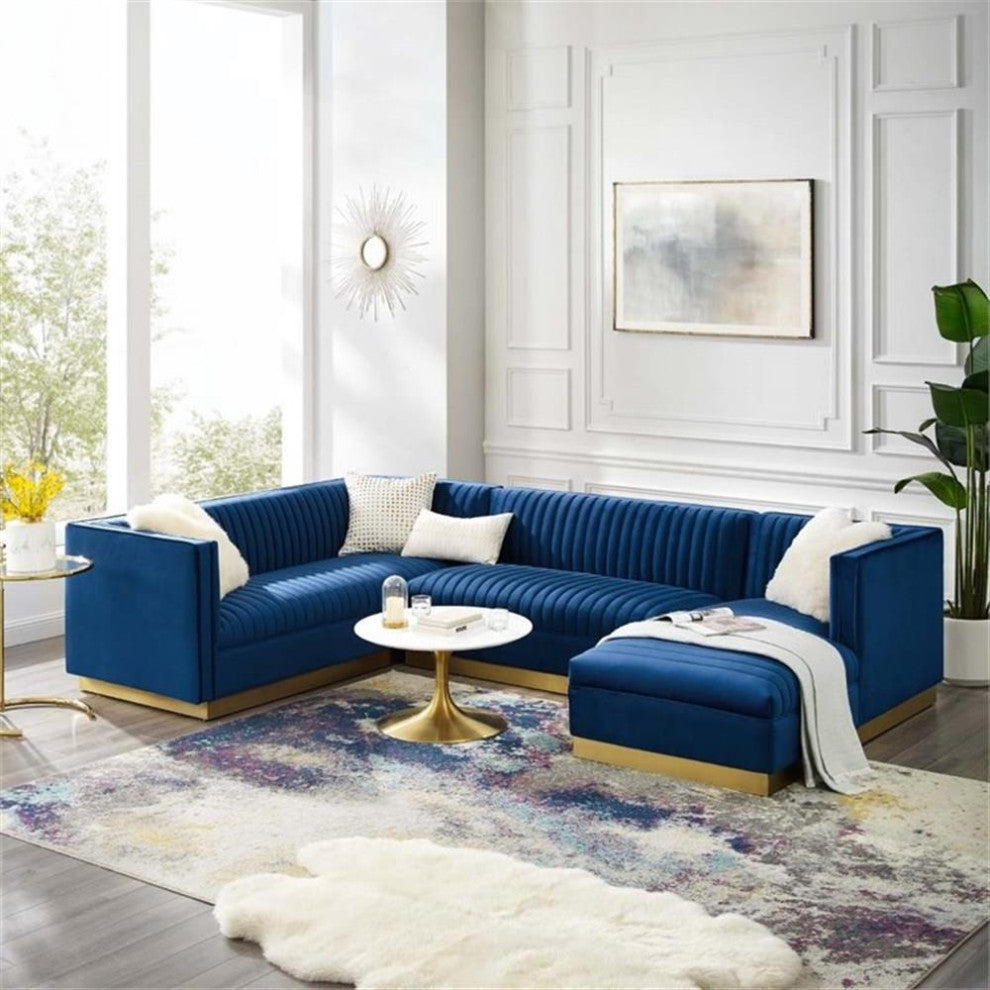 Modway Sanguine 3-Piece Modern Performance Velvet Sectional Sofa Set in Navy