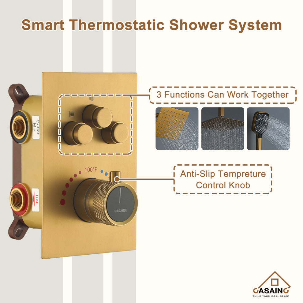 CASAINC 12" Ceiling Mounted Rainfall Shower System Set w Dual Shower Head, Brushed Gold
