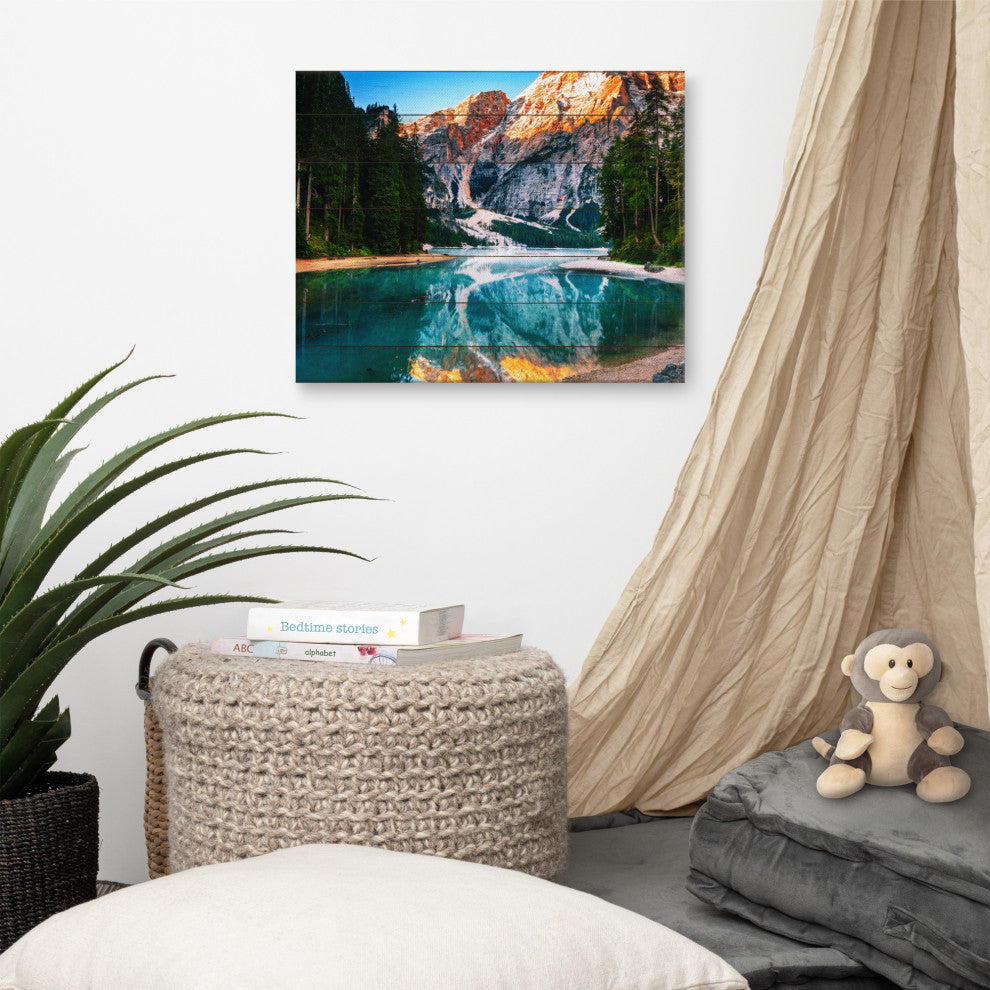 Faux Wood Misty Lake and Snow-cap Mountain Reflections Canvas Prints, 16" X 20"