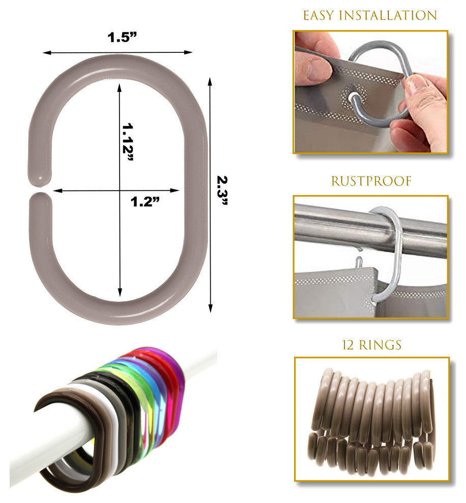 Shower Curtain Rings Plastic Hooks Solid or Clear Colors Set of 12, Solid Taupe