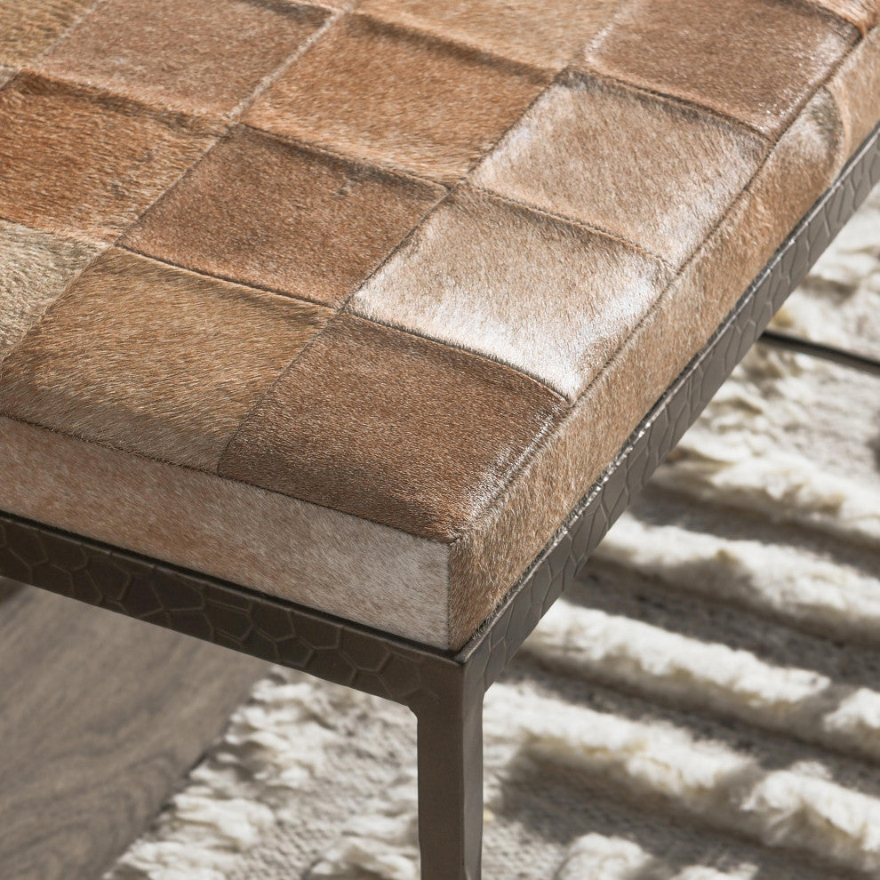 Achen Leather Hide Ottoman Bench by Kosas Home , Blonde, 28"