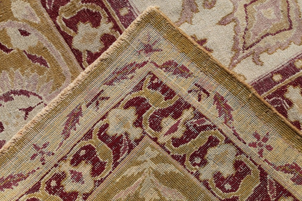 Consigned, Indian Handmade Antique Agra Worn Oriental Rug, Yellow, 12'6"X9'10"