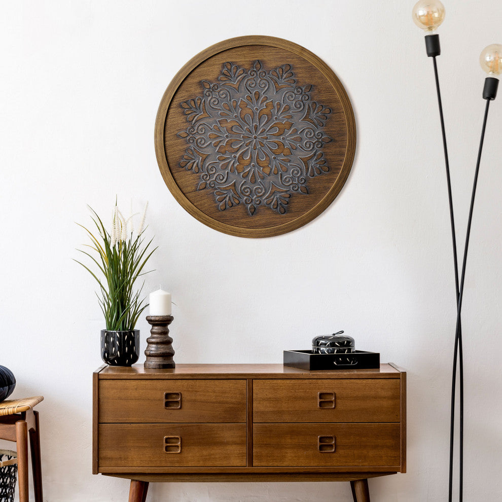 American Art Decor Boho Rustic Farmhouse Wood Framed Wall Medallion Brown, Grey