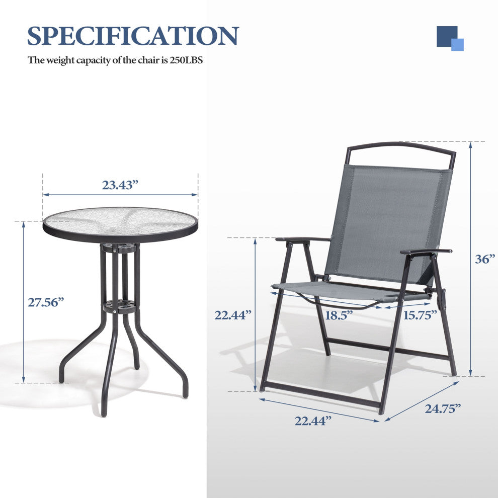 3-Piece Patio Bistro Set, Outdoor Folding Chairs and Table Set, Gray