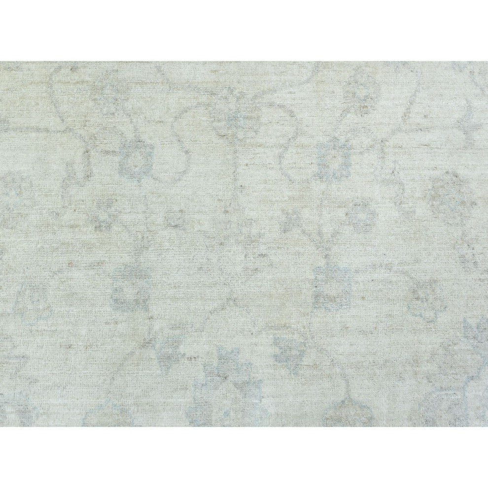 Ivory, White Wash Peshawar, Soft Wool Hand Knotted Round Rug, 7'10"x7'8"