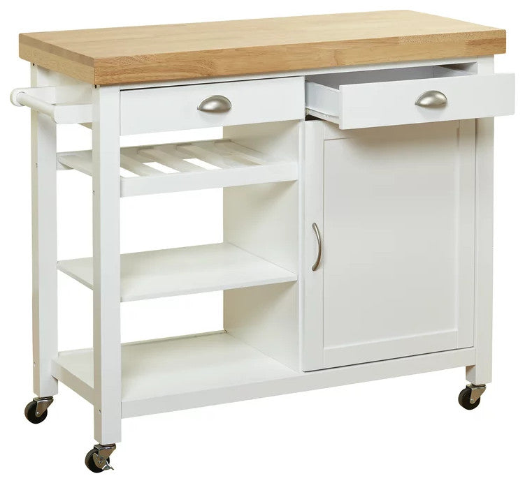 Modern Kitchen Cart, 3 Open Shelves & Storage Drawers With Natural Top, White