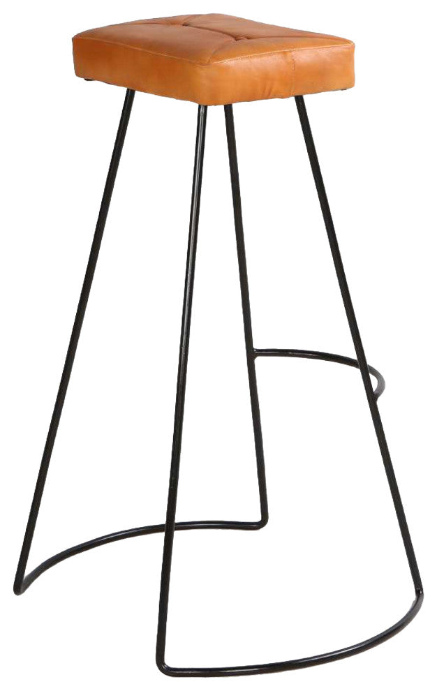 Benzara UPT-266370 Bar Stool, Leather Seat, Metal Frame, Tan Brown, Black