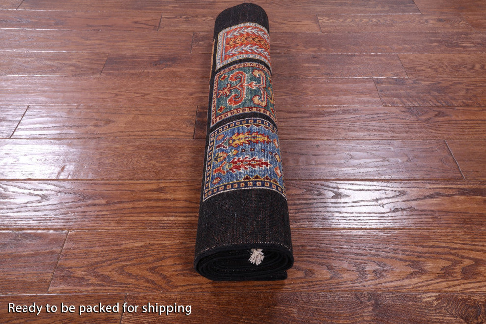 2' 8" X 6' 7" Handmade Black Persian Garden Design Wool Runner Rug Q10685