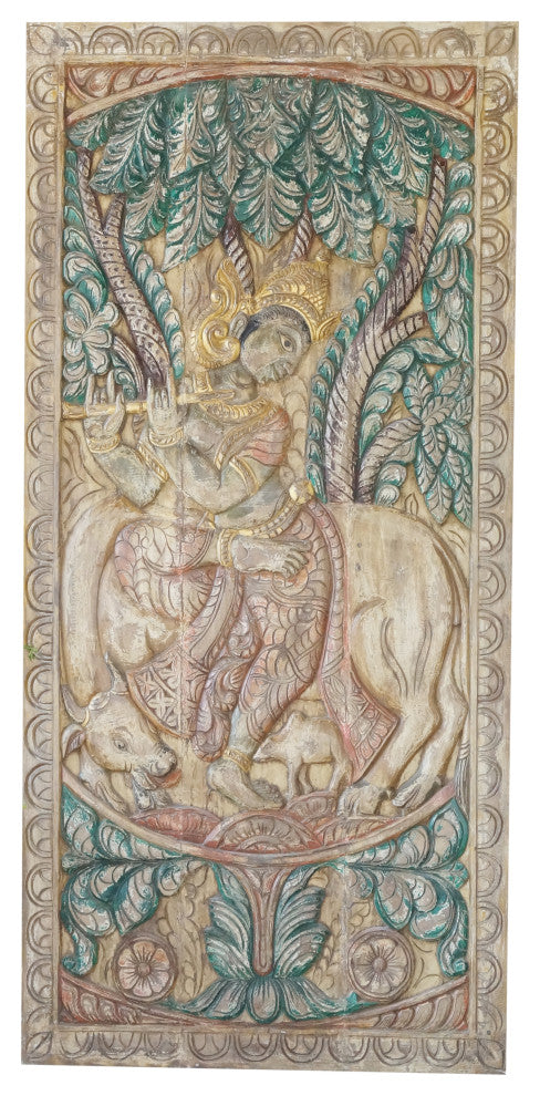 Consigned Vintage Carved Wood Wall Art Fluting Krishna Custom Barndoor