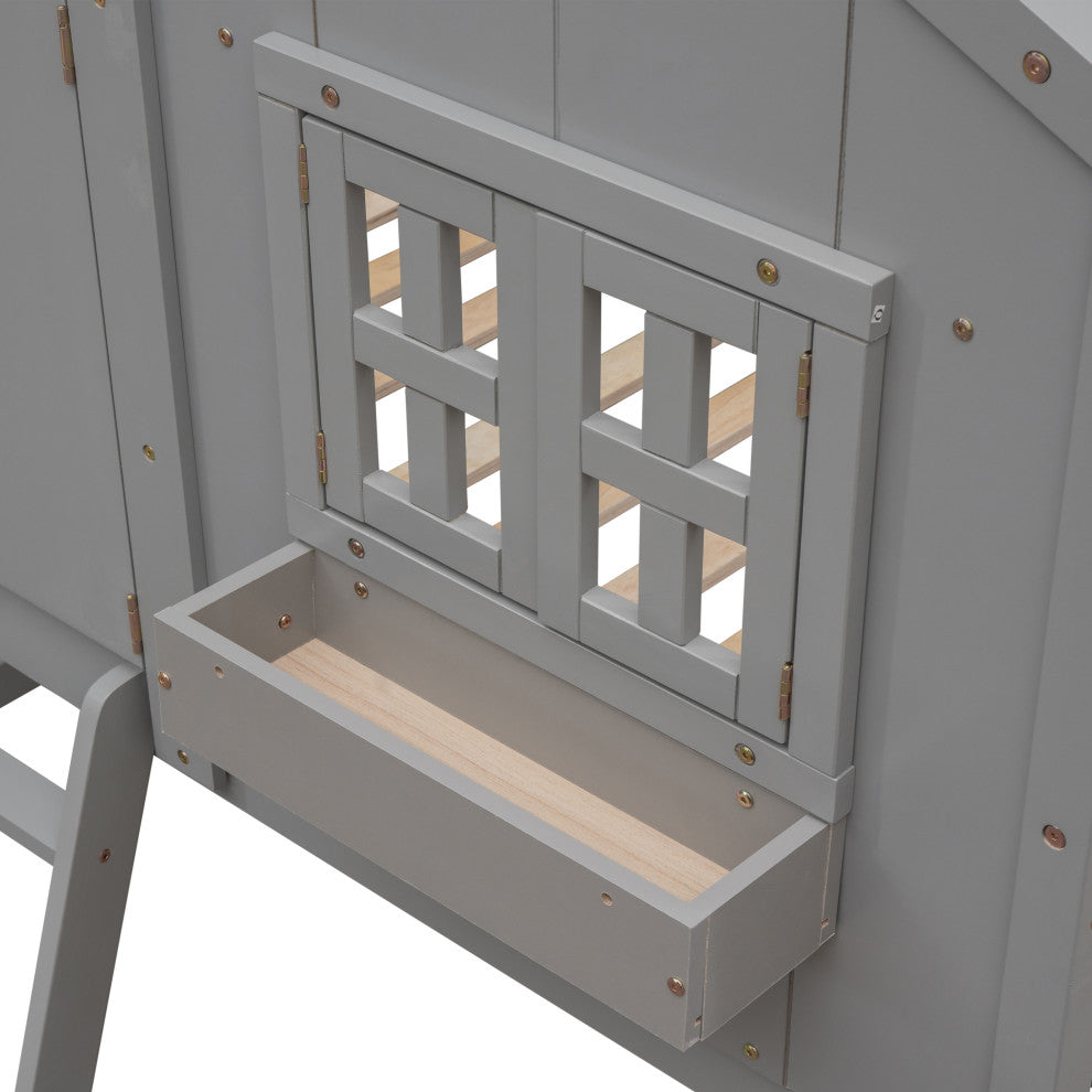 Twin over Twin Low Height Wood House Bunk Bed with Roof and Ladder, Grey