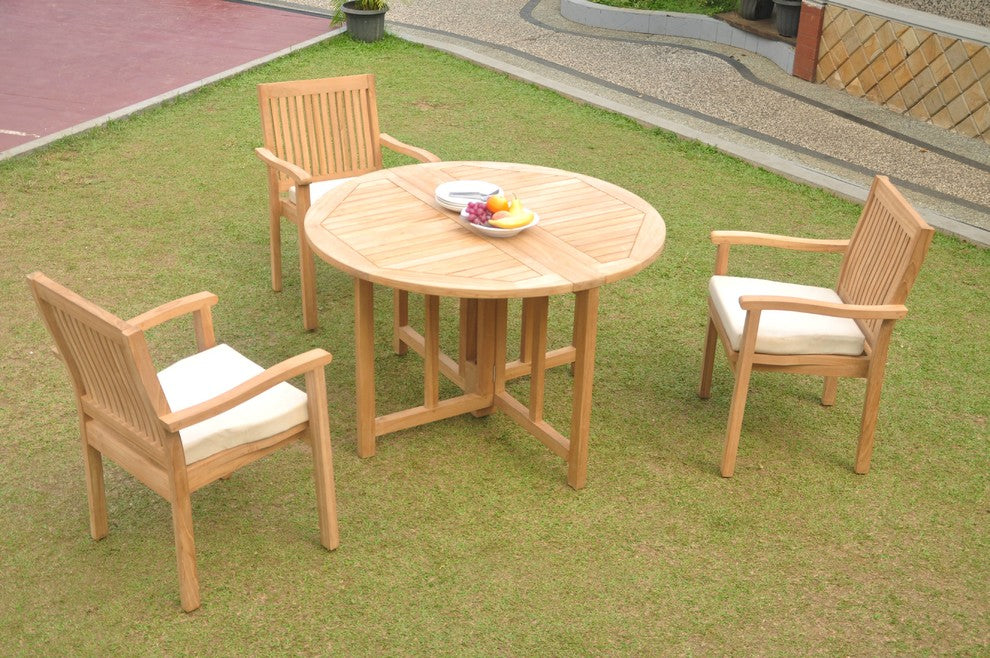 4-Piece Outdoor Teak Dining Set: 48" Butterfly Table, 3 Leveb Stacking Arm Chair