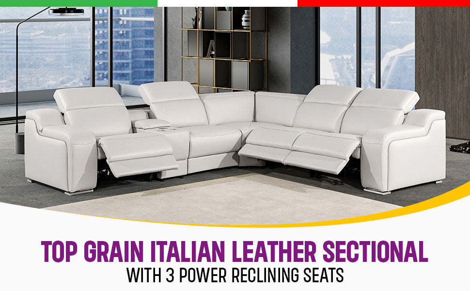 Marco-6-Piece, 3-Power Reclining Italian Leather Sectional, Light Gray