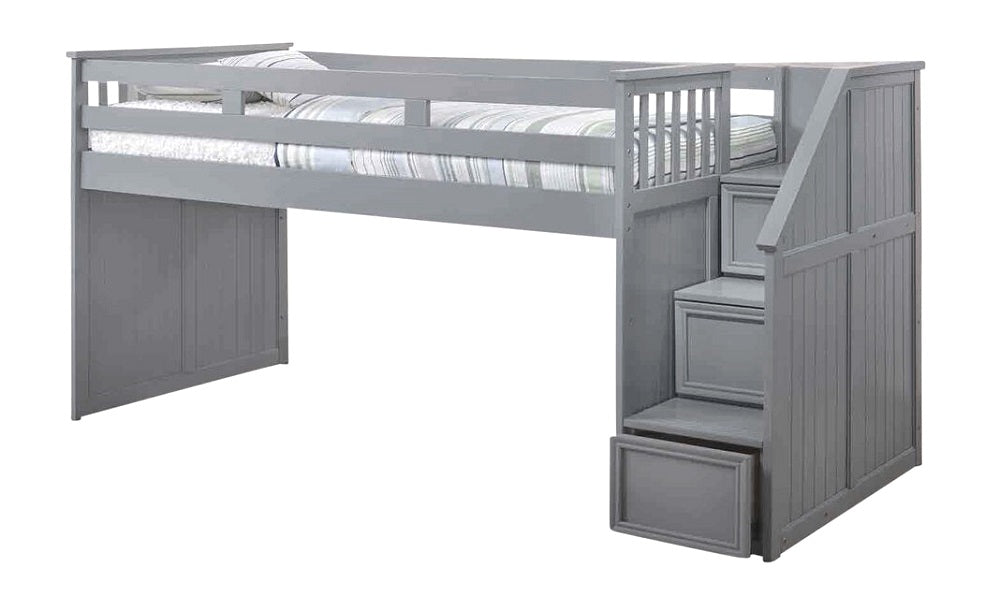 Marlena Grey Twin Storage Low Loft Bed with Stairs