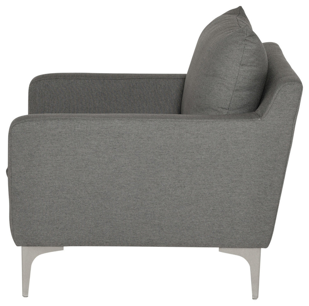 Anders Single Seat Armchair in Slate Grey Velour and Stainless Steel Legs