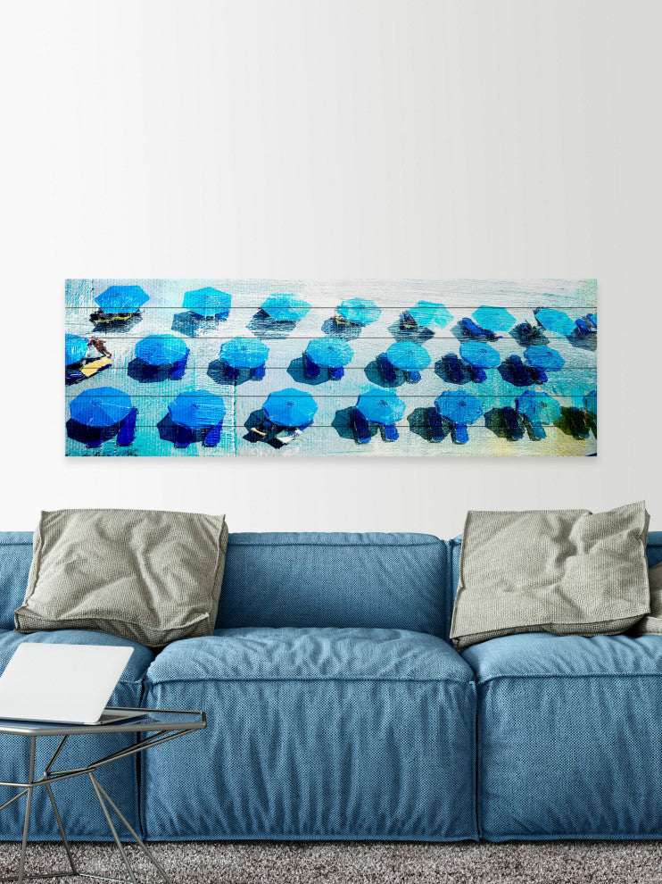 "Umbrellas Blue" Painting Print on White Wood, 60"x20"