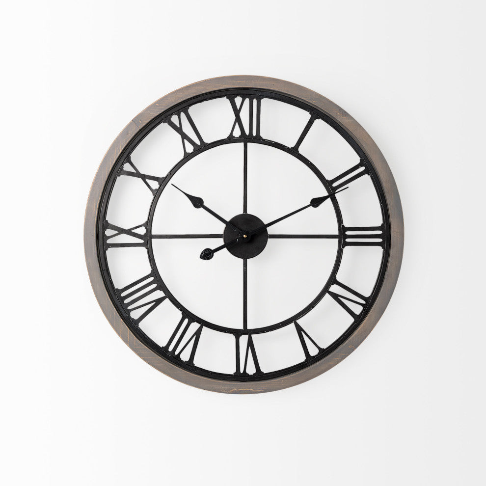 Mething Gray Wood and Black Metal 25" Round Wall Clock