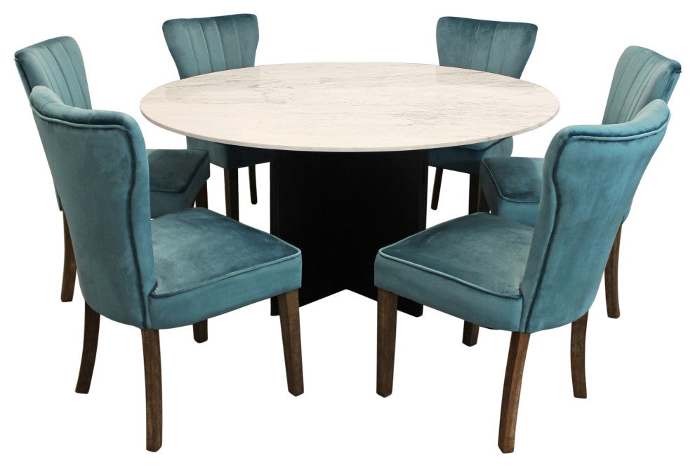 Lavaca 7-Piece Dining Set, 60" Round Dining Table and 3 Sets of Teal Chairs