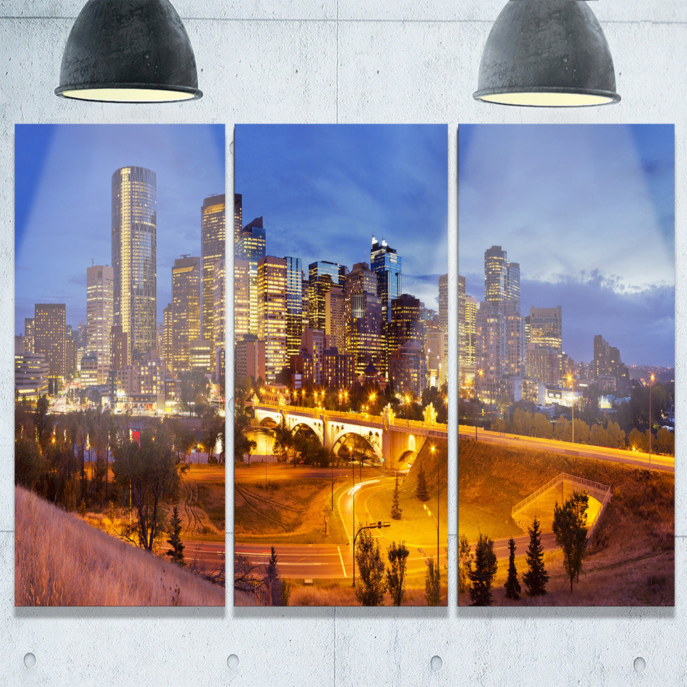 "Skyline of Calgary at Night Panorama" Metal Wall Art, 3 Panels, 36"x28"