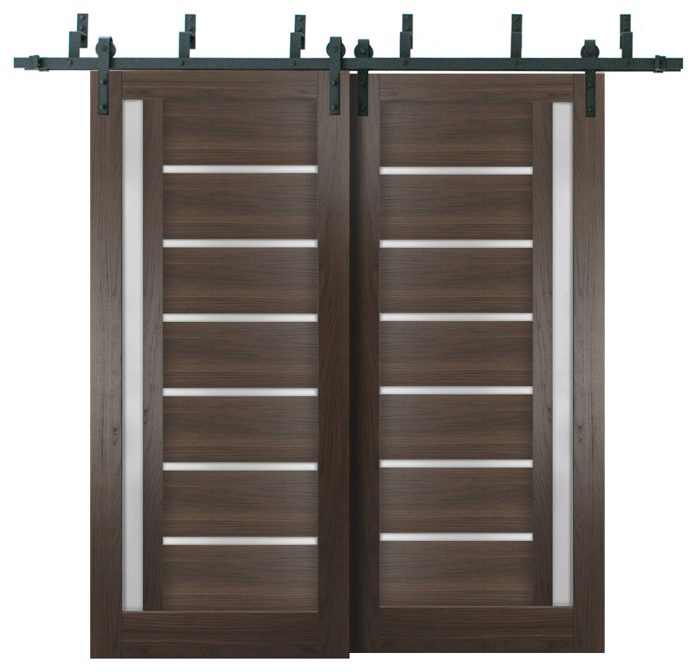 Frosted Glass Barn Bypass Doors 48 x 84, Quadro 4088 Chocolate Ash, 6.6' Rail