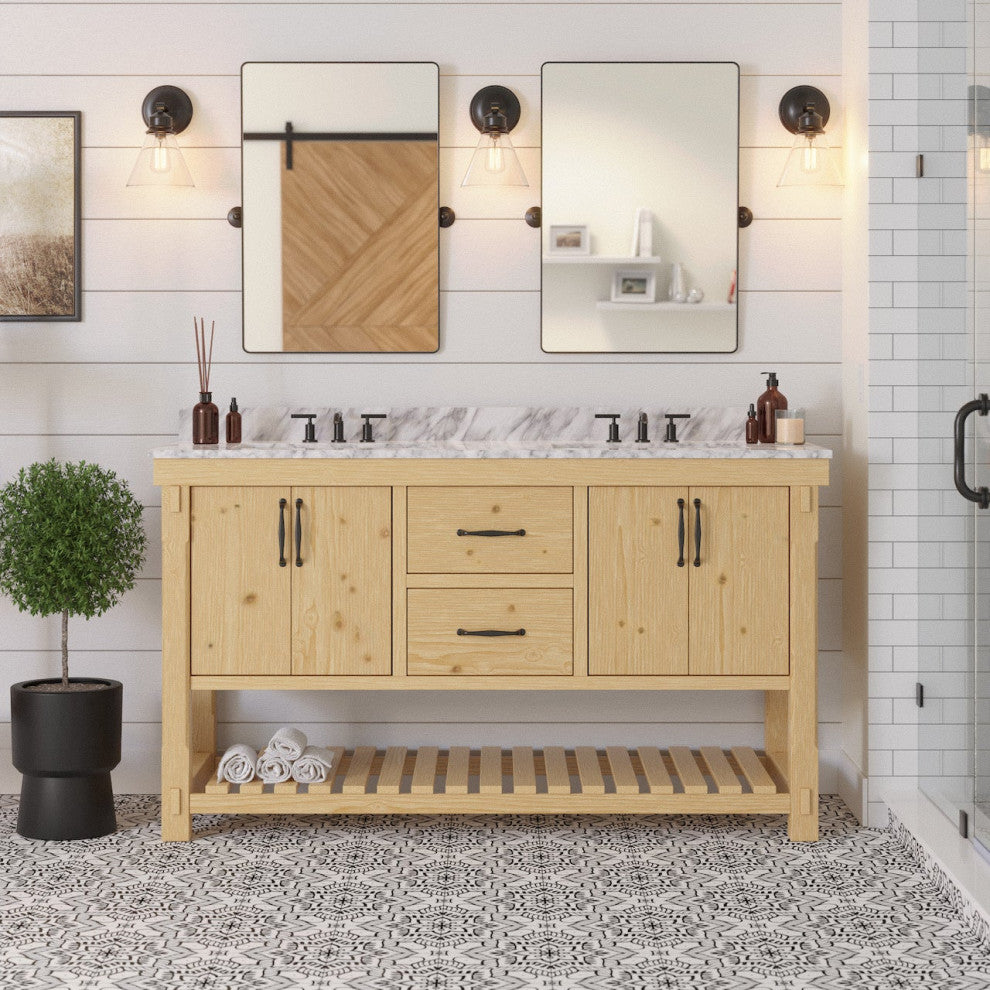 Birmingham Bathroom Vanity, Drift Wood, 60", Carrara Marble, Double Sink