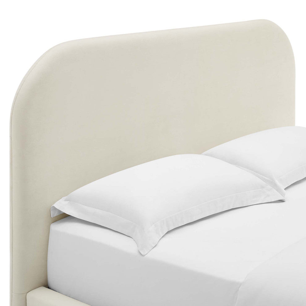 Keynote Performance Velvet Curved Queen Platform Bed, Alabaster