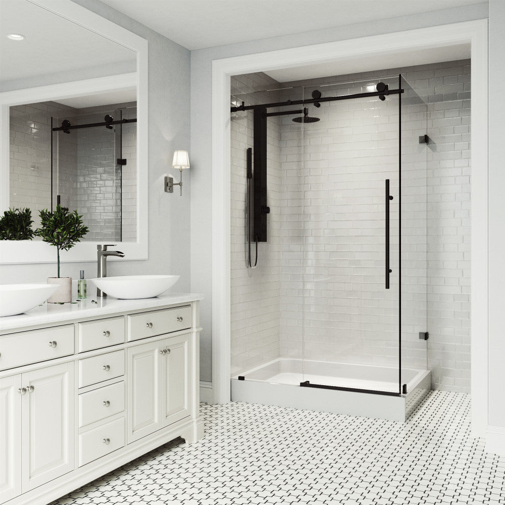 VIGO Elan E-Class Frameless Sliding Shower Enclosure, Matte Black, 36" D X 48" W X 82" H, Left Base