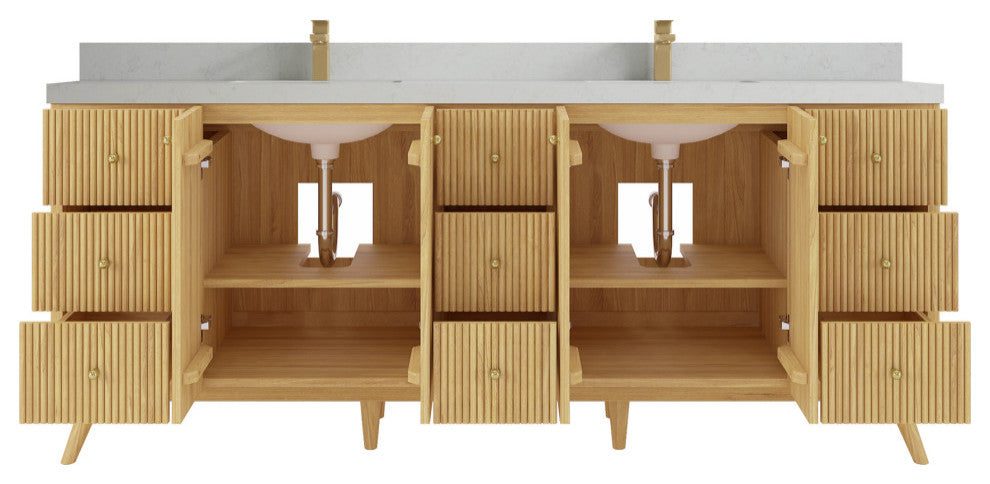 Pasadena 84 Double Sink Bath Vanity in Light Natural Teak 2" Carrara Quartz