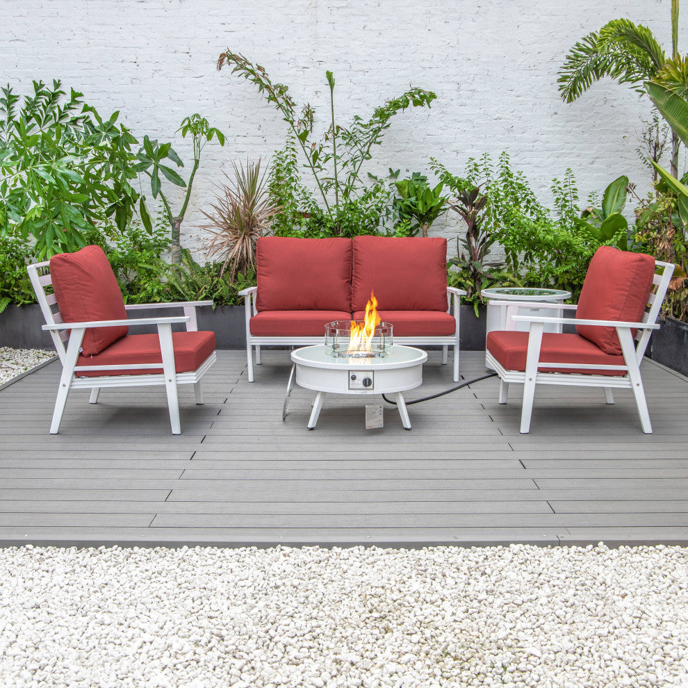 LeisureMod Walbrooke White Patio Conversation Set With Fire Pit, Red