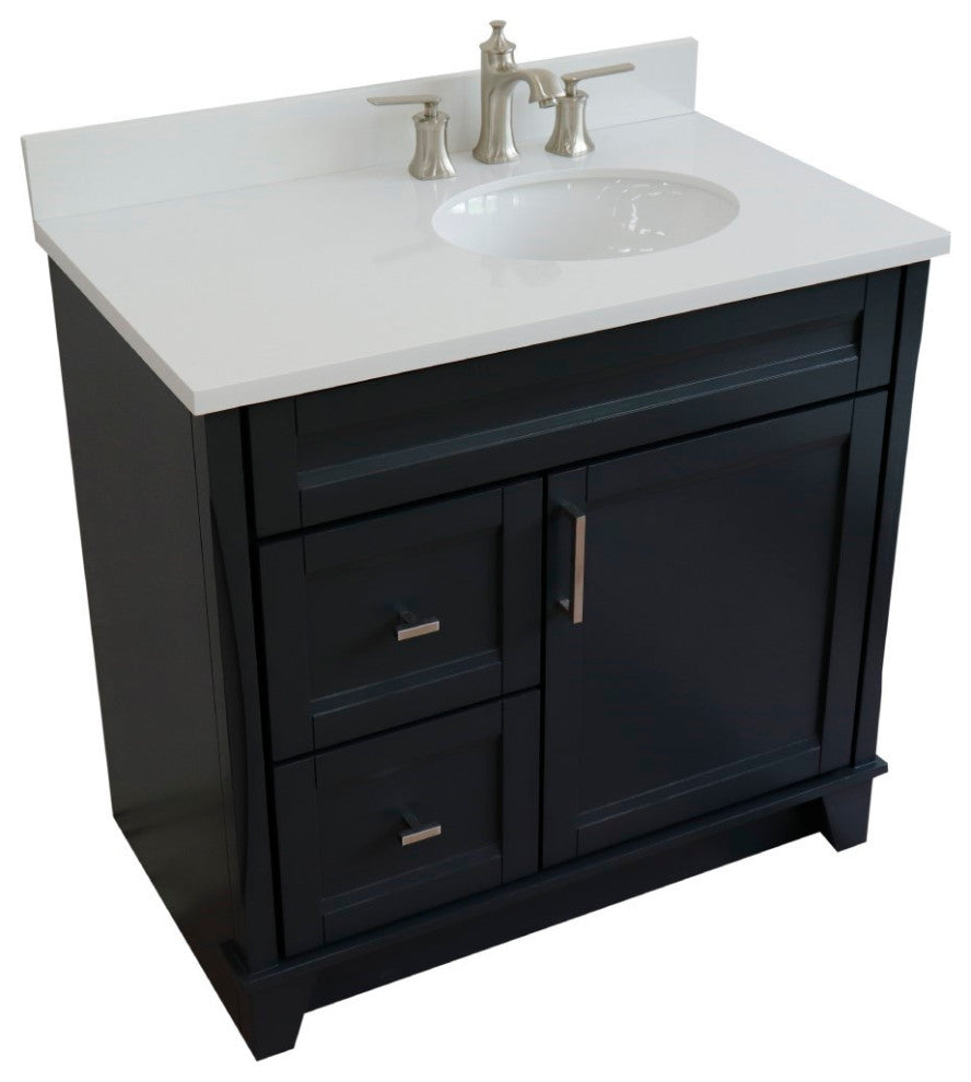 37" Single Sink Vanity, Dark Gray Finish With White Engineered Stone Top