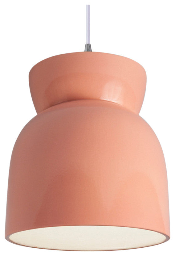 Large Hourglass LED Pendant, Gloss Blush, Brushed Nickel, White Cord