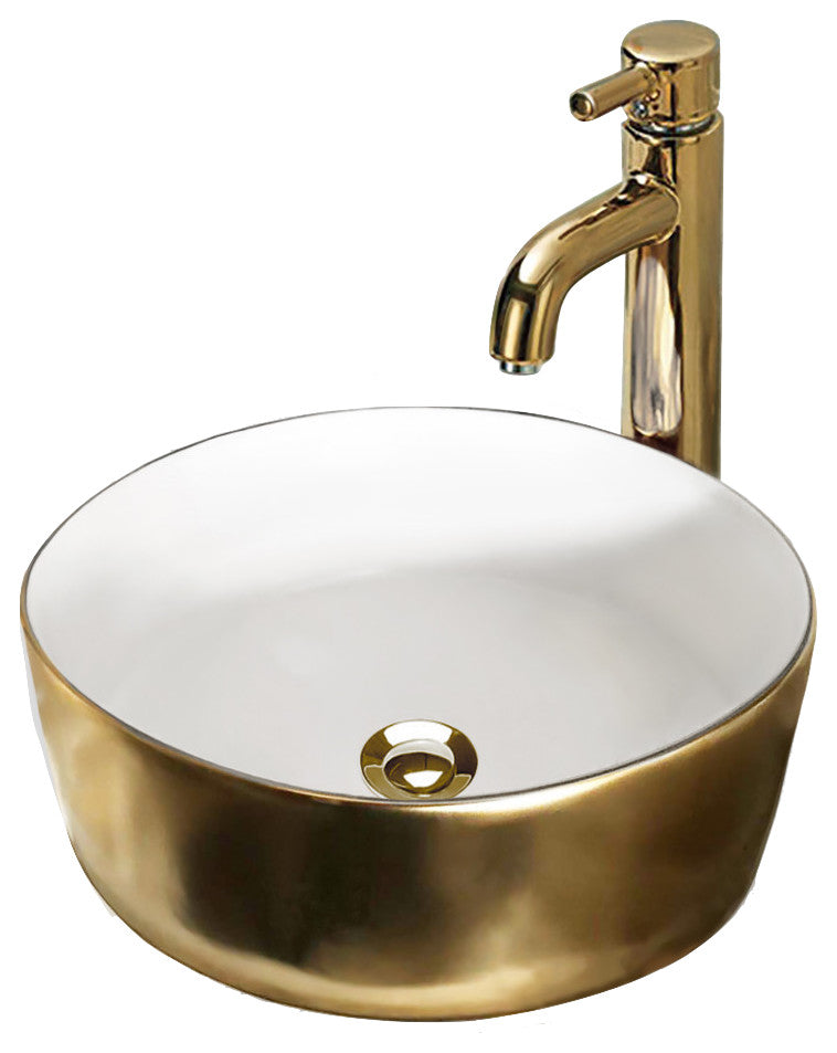 White and Gold Round Vessel Sink 15-3/4"