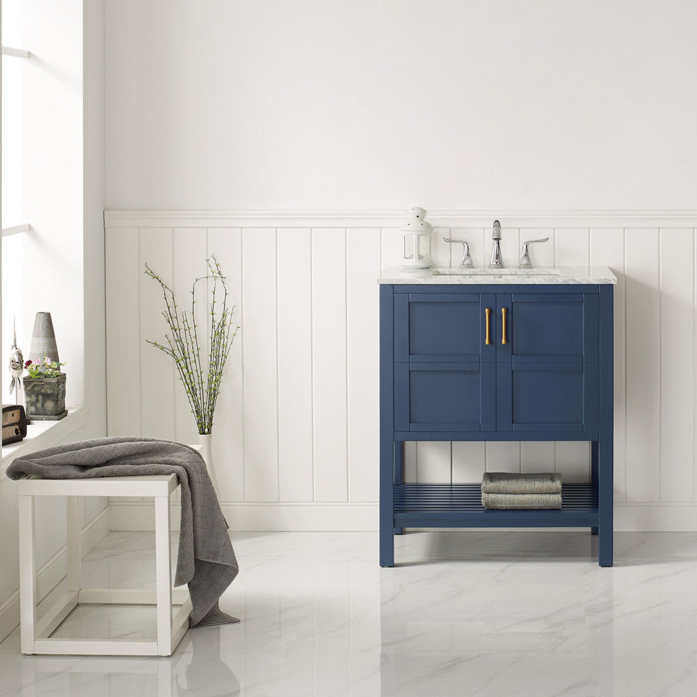 30" Vanity in Royal Blue with Carrara White Marble Countertop Without Mirror