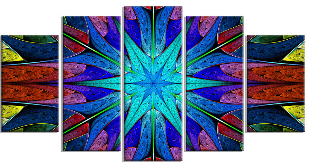 Stained Glass with Multi Color Stars, Abstract Canvas Art, 60"x32", 5 Panels