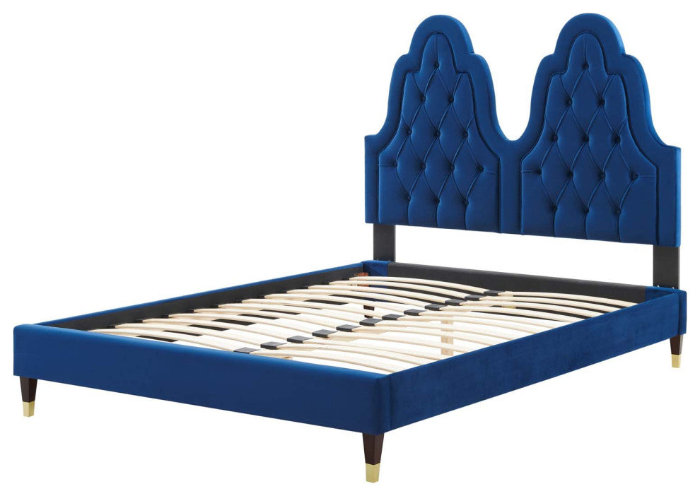 Tufted Platform Bed Frame, Twin Size, Velvet, Blue Navy, Modern Contemporary