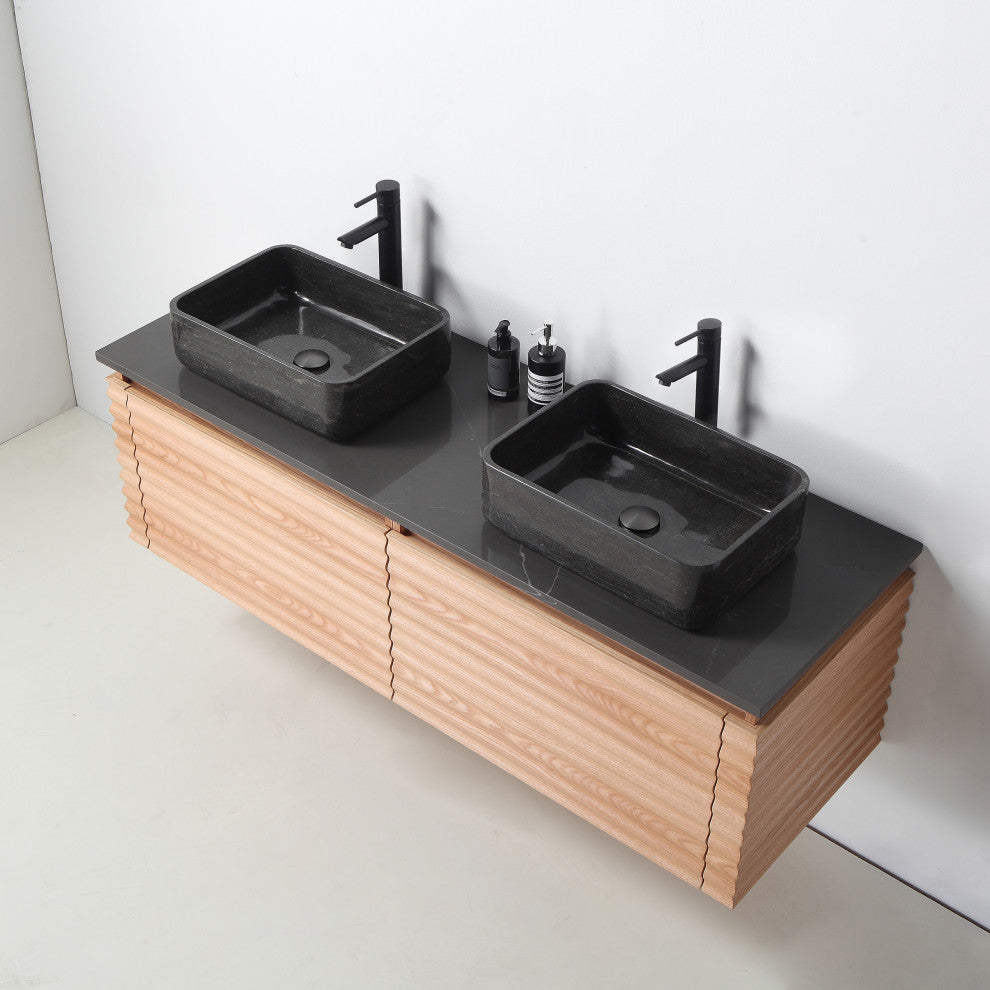 OCALA Wall Mount Modern Bathroom Vanity, Maple, 60", Double-Sink