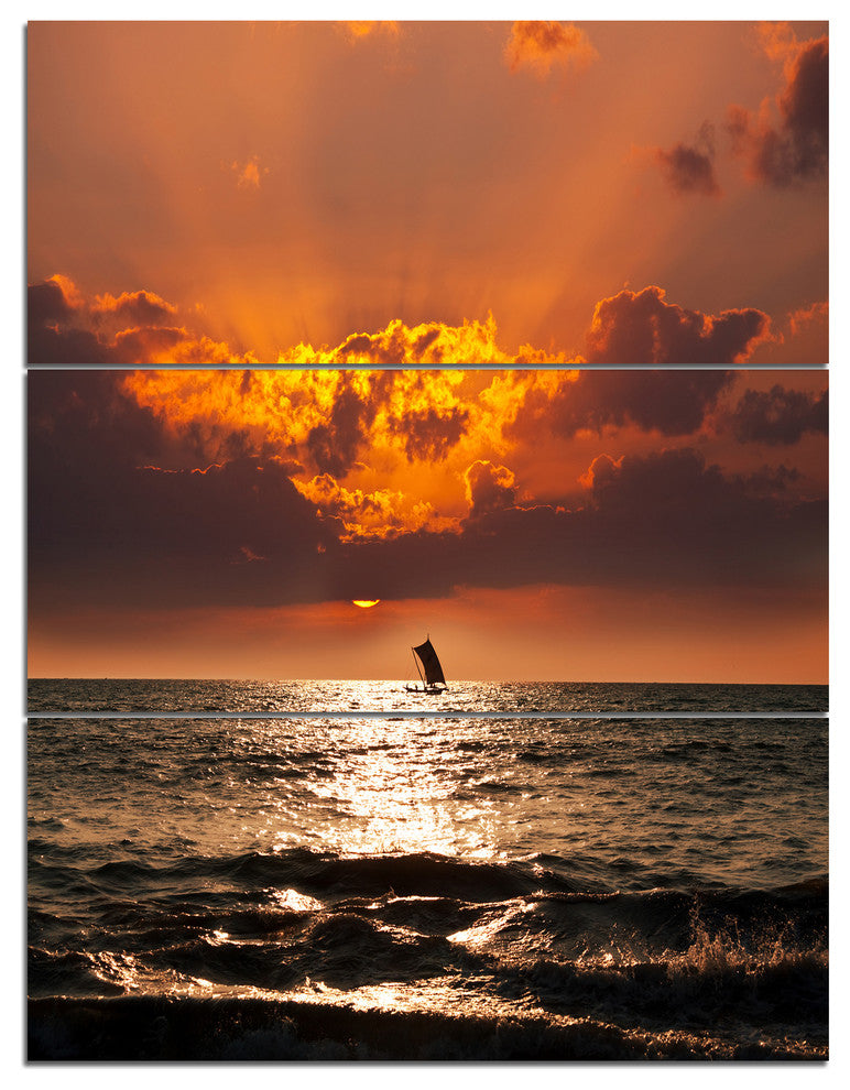 Sunset Beach with Distant Sail Boat, Seashore Canvas Art Print, 28x36, 3 Panels