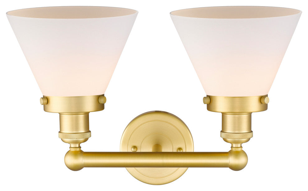Edison Large Cone 2-Light 17" Vanity Light, Satin Gold Finish, Matte White Shade