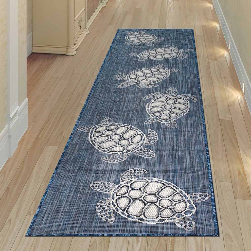 Carmel Seaturtles Indoor/Outdoor Rug, Navy, 1'11"x7'6" Runner