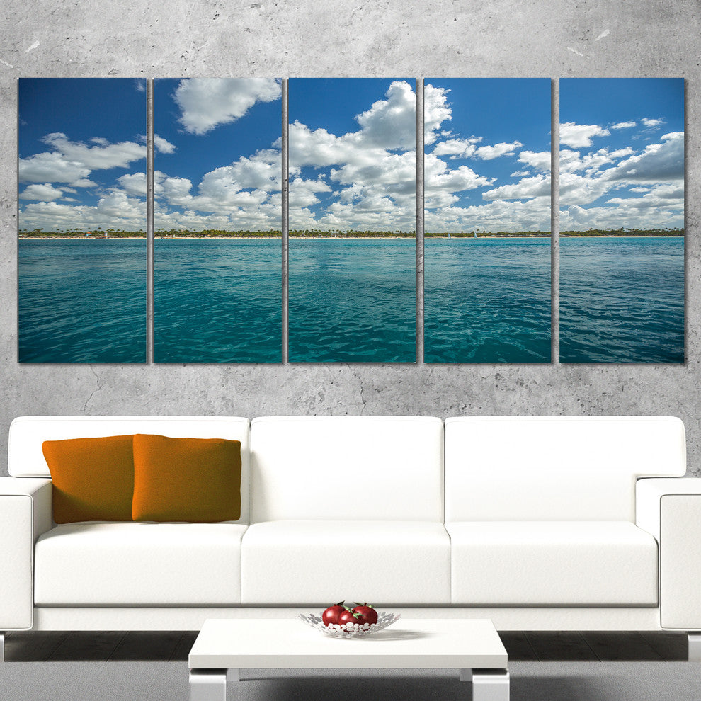 "White Fluffy Clouds Over Sea" Oversized Beach Canvas Artwork, 5 Panels, 60"x28"