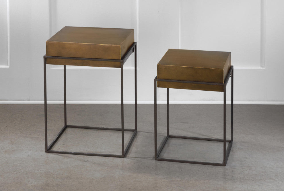 Metal Convertible Side Tables Set of 2, Burnished Gold