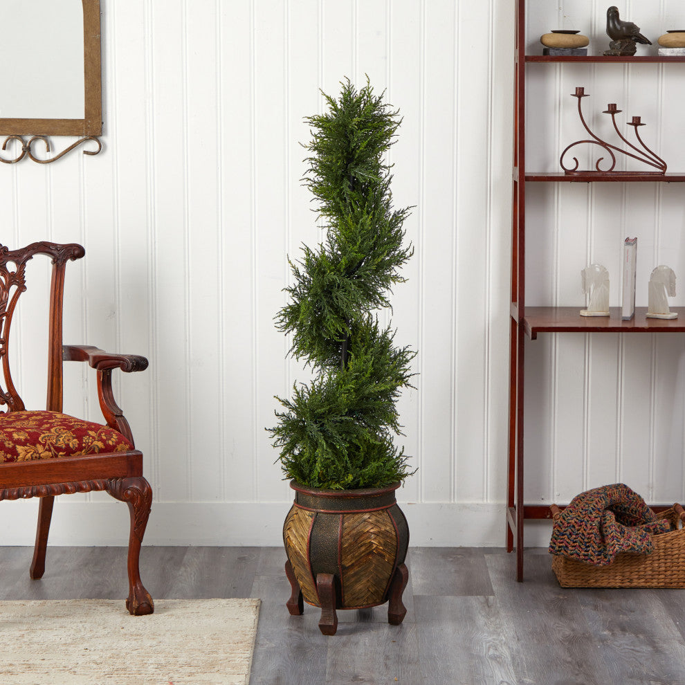 4.5' Spiral Cypress Faux Tree, Planter W/80 Clear LED Lights  Indoor/Outdoor